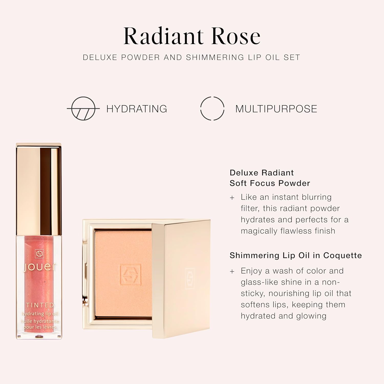 Jouer Radiant Rose Face + Lip Set, Translucent Setting Powder & Shimmer Lip Oil - Blurring Powder - Hydrating Lip Oil - Set Face Makeup