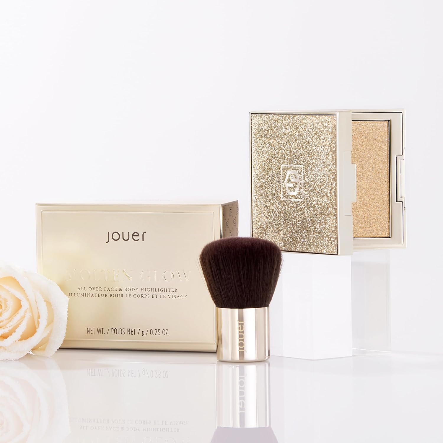 Jouer Molten Glow All Over Face & Body Highlighter & Travel Brush Set - Luminizing Makeup - Shimmer & Highlight Powder